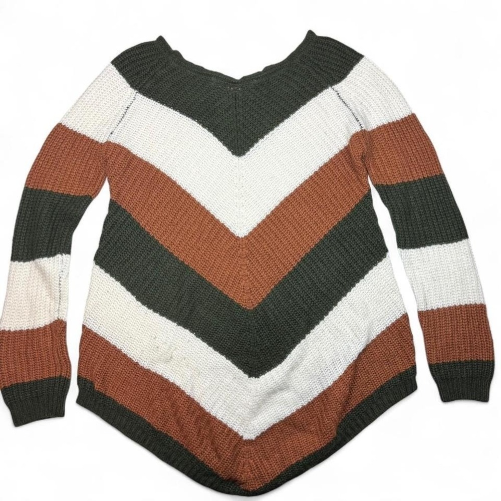 Polly & Esther Chevron Stripe Knit Sweater Green White Rust Women's Medium